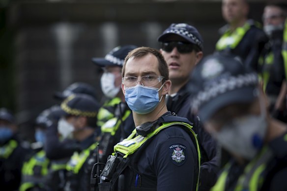 Dozens of police members on foot and on bikes attended the rally.
