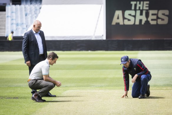 MCC chief Stuart Fox (far left), Cricket Australia operations boss Peter Roach, and MCG curator Matt Page have a lot riding on the Boxing Day pitch.