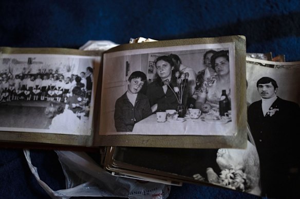 A portrait of Nadiya Trubchaninova, 70, next to her son Vadym, 48, who was killed by Russian soldiers  in Bucha.
