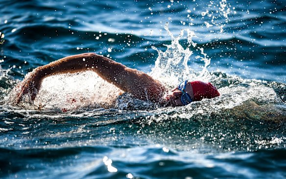 Swimmer Grant Siedle re-enacts the swim of Doug Mew across the rip from Point Lonsdale to Point Nepean on the same day 13th June just wearing speedos. Grant swimming through the shipping lane. Photo: Justin McManus