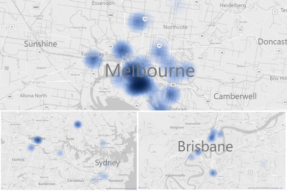 Heat maps of operational and planned BTR projects in Sydney, Brisbane and Melbourne as at July 2023, tracked by KPMG. 
