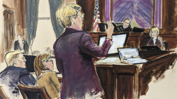 In this courtroom sketch from last week, E. Jean Carroll (right) is questioned by her lawyer Roberta Kaplan, as Donald Trump (left) looks on.