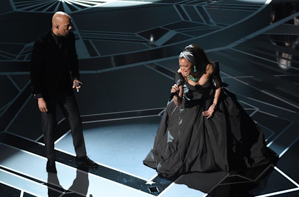 Common, left, and Andra Day perform <i>Stand Up For Something</i> from the film <i>Marshall</i>.
