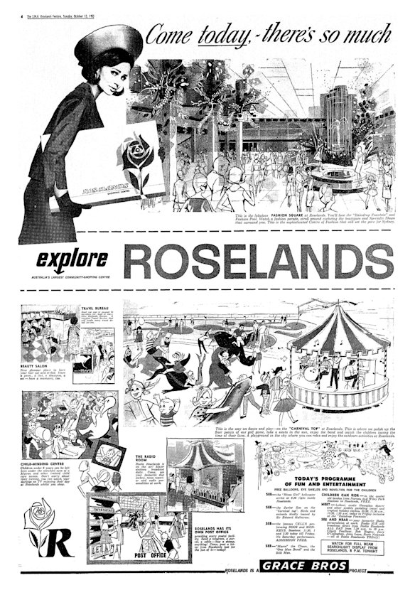 The Roselands shopping centre supplement in The Sydney Morning Herald: the shopping centre featured a radio room for "Radio Roselands"; "come, see your favourite disc jockey, news reporter and radio personalities at work".