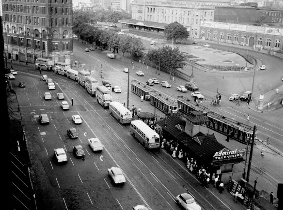"Buses line up in Railway Square during the peak period yesterday afternoon in the first weekday test of the changeover from trams to buses in George Street."