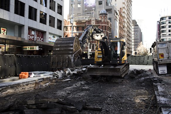 The George, Bridge and Grosvenor Streets intersection where light rail preparation works have begun.