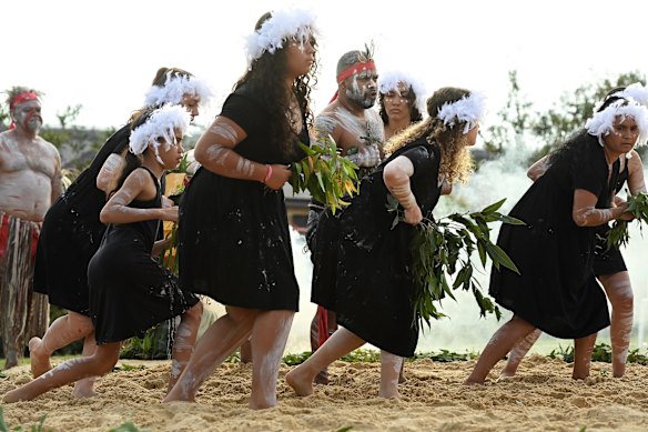 Koomurri-Bujja Bujja dancers during the smoking ceremony at the Wugulora morning ceremony at the Walumi Lawn in Barangaroo on Australia Day.