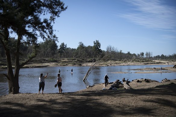 People and dogs cool off at Yarramundi Reserve at Agnes Banks, as temperatures are expected to reach 29 degrees this weekend.