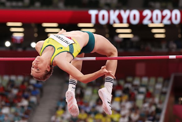 Eleanor Patterson of Team Australia competes in the Women's High Jump Final on day fifteen of the Tokyo 2020 Olympic Games at Olympic Stadium on August 07, 2021 in Tokyo, Japan.