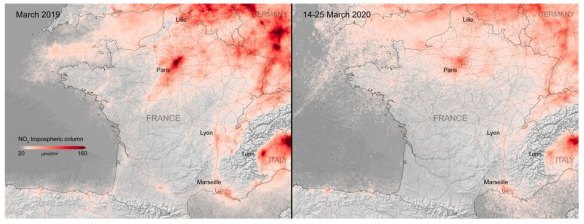 Images from the Sentinel-5 satellite show the coronavirus lockdown leading to drop in pollution across Europe compared with March 2019, left.