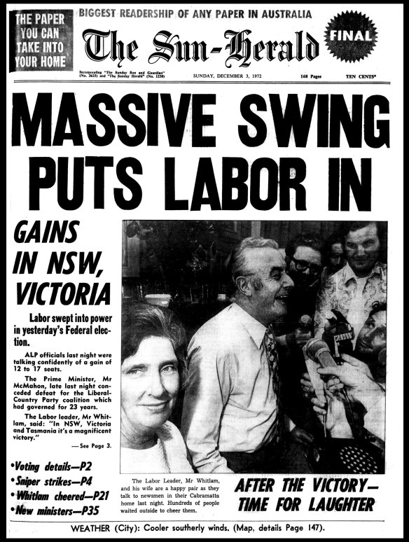“Massive swing puts Labor in”: Front page of the Sun-Herald on December 3, 1972