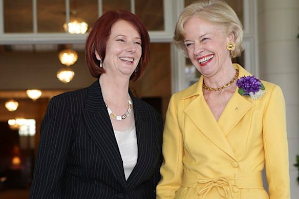Prime Minister Julia Gillard with Quentin Bryce at Government House after being sworne in as Australia's first female Prime Minister.