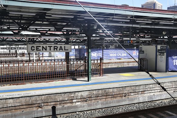 Empty platforms at Central Station on Monday.