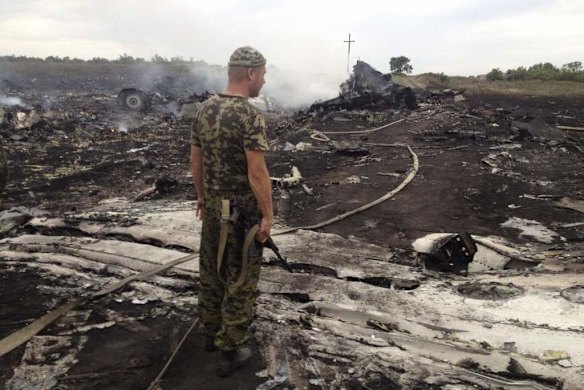 An armed pro-Russian separatist stands at a site of a Malaysia Airlines Boeing 777 plane crash.