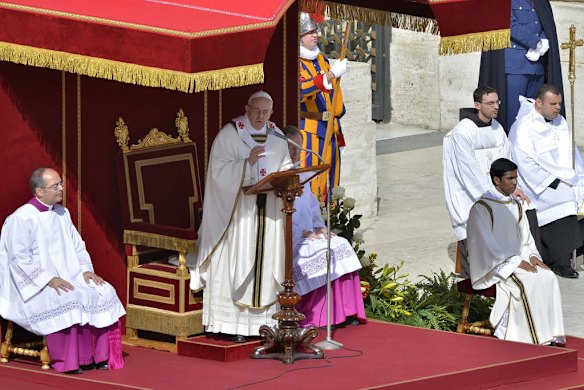 Pope Francis speaks during his inauguration mass at St Peter's square at the Vatican.