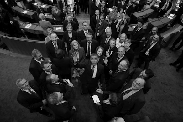 President of the United States Barack Obama and Prime Minister of Australia Julia Gillard leave the House of Representatives following the President's address to the Joint Sitting of Parliament at Parliament House Canberra on Thursday 17 November 2011.