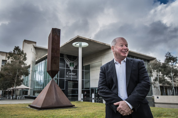 Gerard Vaughan finishes as director of the National gallery of Australia this week. In the background is the newly acquired Broken Obelisk, by Barnett Newman.