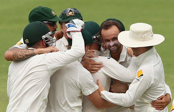 Nathan Lyon of Australia celebrates the wicket of Graeme Swann of England during day five of the Third Ashes Test Match.
