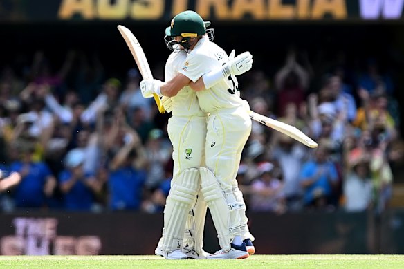 Marcus Harris of Australia and Marnus Labuschagne of Australia celebrate winning.