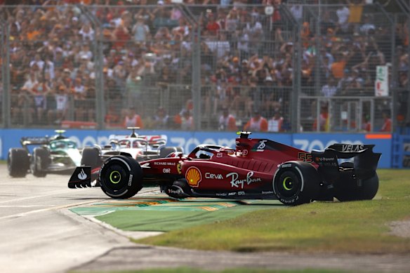 Carlos Sainz of Spain driving (55) the Ferrari F1-75 spins out of the race during the F1 Grand Prix.