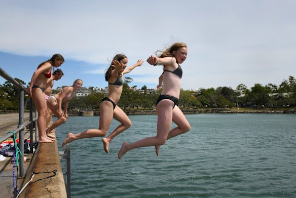 Friends cooling off at Mort Bay Sydney Harbour.