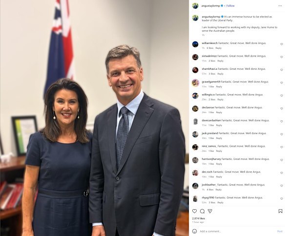 Thousands of comments flooded in under newly-elected Opposition Leader Angus Taylor’s Instagram post. 