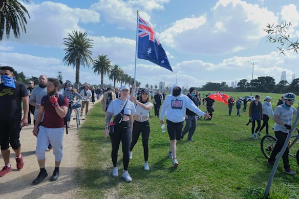 Freedom Day protesters at Albert Park, Saturday 5 September 2020.