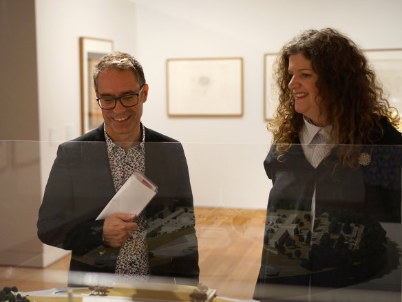 Director of Canberra Museum and Gallery (left) Shane Breynard and director of the Parliament House art collection Justine Van Mourik at a new exhibition of works from Parliament House. 