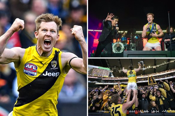 Glory days: Jack Riewoldt celebrates the Tigers’ 2017 premiership, and joins The Killers in their performance of Mr Brightside at the MCG.