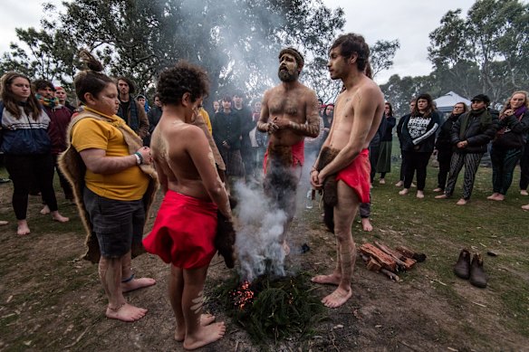 Djab Wurrung man Zellanach (centre) created the Djab Wurrung embassy and has been the mainstay of the campaign to save the sacred birthing trees.