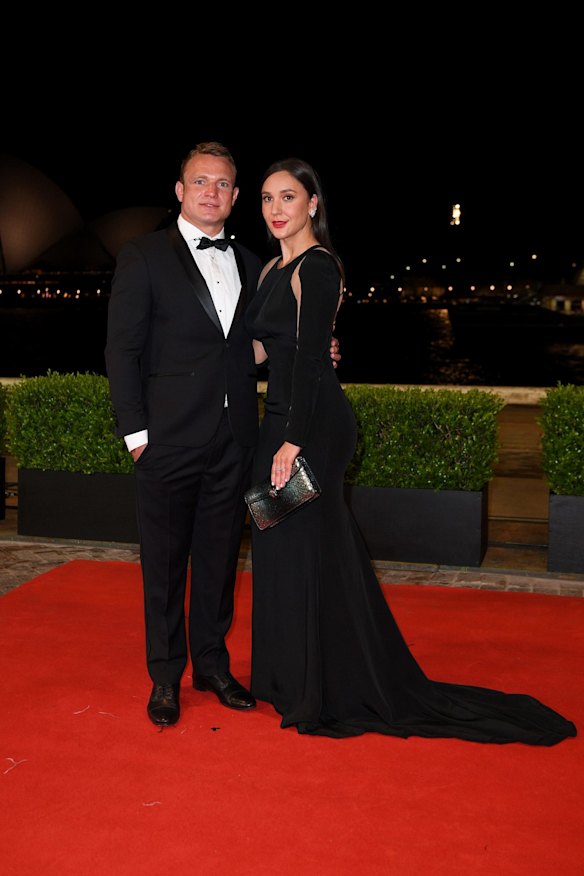 Sydney Roosters player Jake Friend and Jenna Kallin arrive at the Dally M Awards.