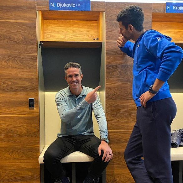 Former England cricketer Kevin Pietersen (left) poses with tennis player Novak Djokovic at his tennis academy in Belgrade on December 16. Credit: Instagram