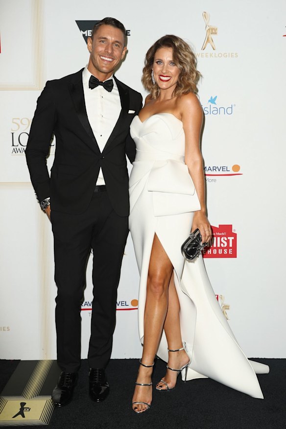 The Bachelorette's Lee Elliott and Georgia Love arrive at the 59th Annual Logie Awards at Crown Palladium.