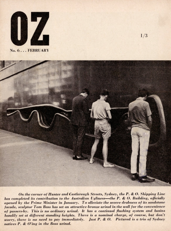 The cover of the February 1964 edition of Oz, which shows Neville and others pretending to urinate into a wall fountain in the street facade of the offices of the P&O shipping line.