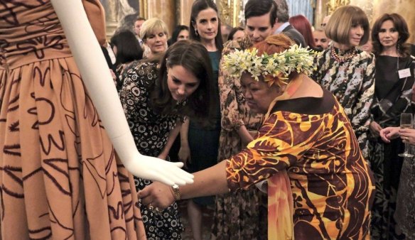 From left: Foreign Minister Julie Bishop, the Duchess of Cambridge, Livia Firth, Karen Walker, Tukua Turia and Anna Wintour at the EcoAge Commonwealth Fashion Exchange at Buckingham Palace on Monday.