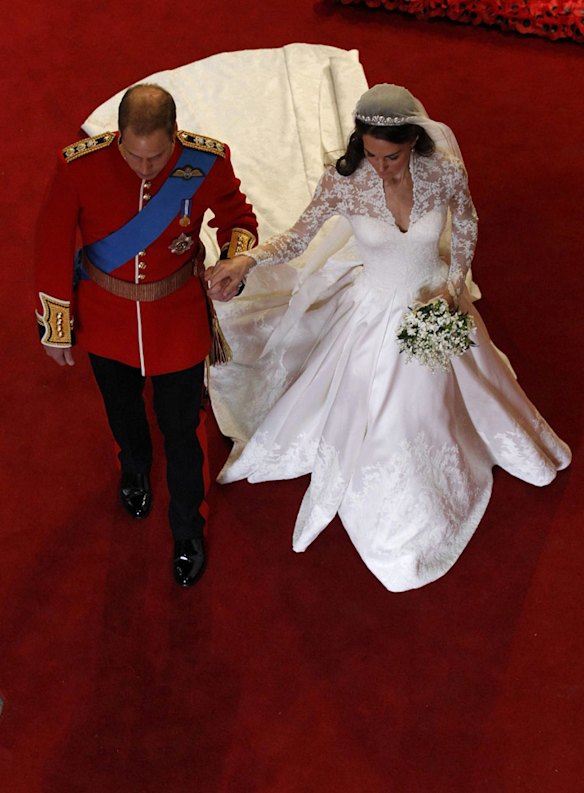 Prince William and Catherine, Duchess of Cambridge, leave the Westminster Abbey after their wedding ceremony.