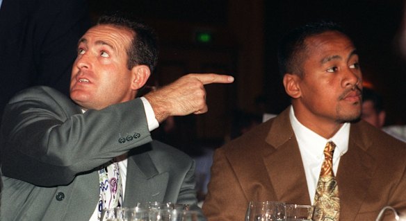 Rugby World Cup best player winners together. The 1991 tournament went to  David Campese and the 1995 edition to Jonah Lomu attend an auction at the Ana Hotel in Sydney in 1996.