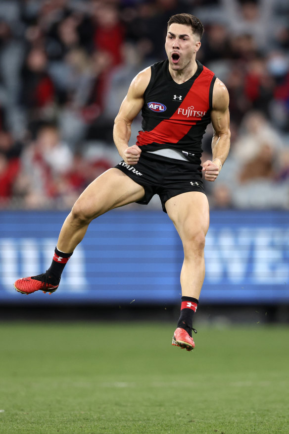 Full of bounce: Jade Gresham after drilling a pivotal goal in the Bombers’ stunning comeback.
