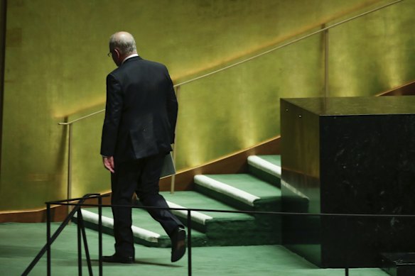 Prime Minister Scott Morrison departs after delivering the Australian National Statement to the United Nations General Assembly in New York.