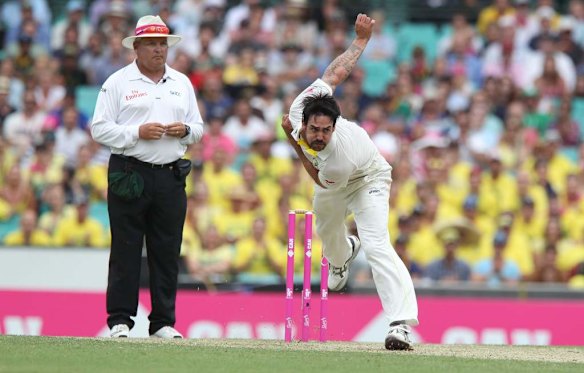 Mitchell Johnson bowls at the close of play day one during the  Australia vs England in the fifth test ashes series at the Sydney Cricket Ground.