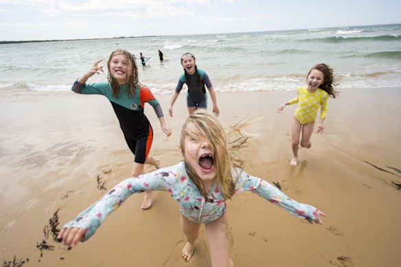 L-R  Sierra Farrelly, 11, Ella Farrelly, 13, Evie Holzer, 7 and Adele Farrelly, 7 (front) at Torquay Foreshore. 