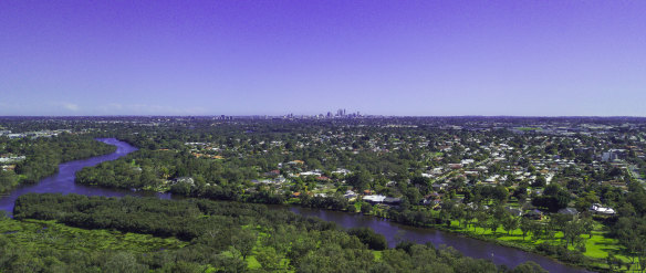 The view of Perth's central business district from Guildford, in the city's north east.