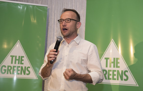 Federal Greens MP Adam Bandt addresses supporters.