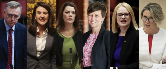 From left to right: Senators Chris Ketter, Jane Hume, Sarah Hanson-Young, Jenny McAllister, Amanda Stoker and Kristina Keneally. 