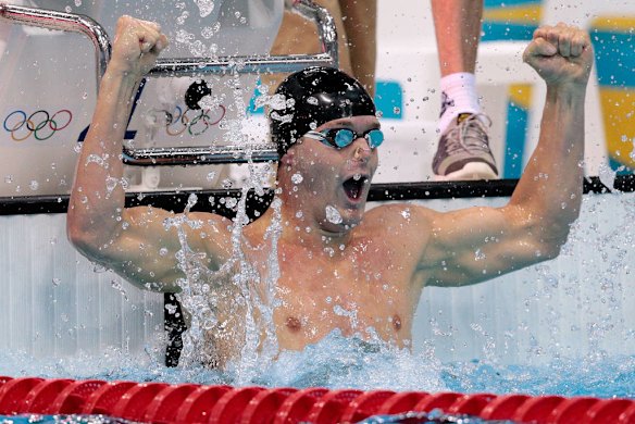 Tyler Clary of the United States celebrates after winning the gold in the men's 200m backstroke final.
