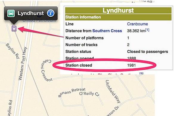 This image submitted to Fairfax by Twitter user toholio shows a train station in Melbourne on Apple Maps that closed 31 years ago.