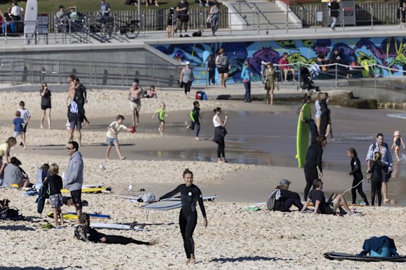 Sydneysiders escape lockdown to exercise at Bondi Beach.