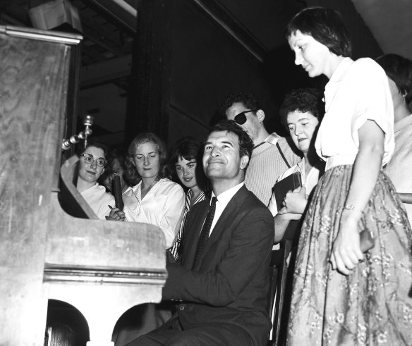 Dave Brubeck speaks to students at Sydney University's Wallace Theatre on March 17, 1960.