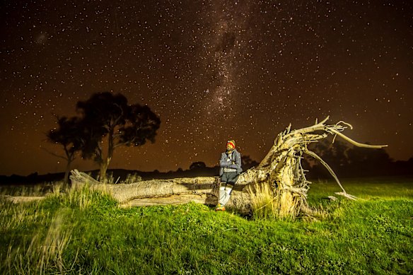 Djab Wurrung man DT Zellanach sitting on a canoe tree near the site of a birthing tree. 