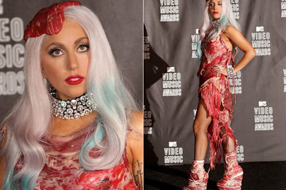 Lady Gaga had tongues wagging with this meat ensemble at the MTV Video Music Awards on September 12, 2010 in Los Angeles.     Photo: Getty